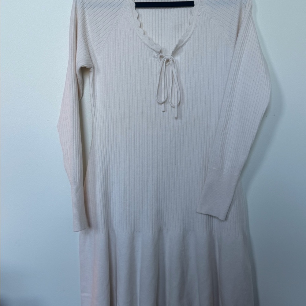 wild fable Cream Ribbed Knit Scalloped V-Neck Sweater